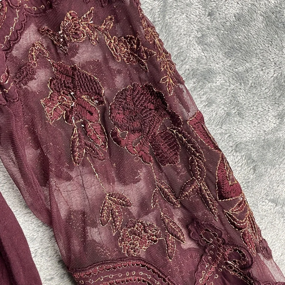 Free People Embroidered Penny Tee Floral Top XS Maroon Gold Metallic Fairy Boho‎